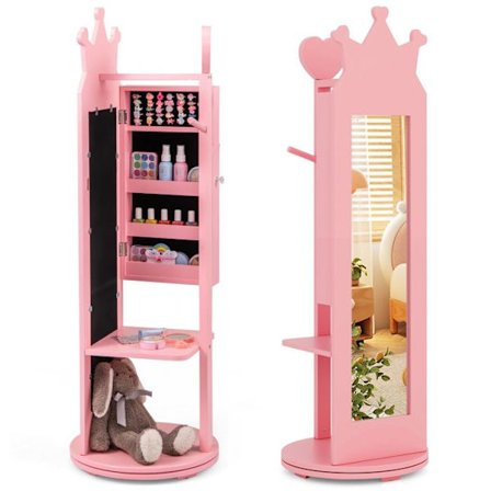 COSTWAY garderobeskab til børns smykker drejelig base, fritstående spejl, stor opbevaringskapacitet, tøjstativ, kroge, pink