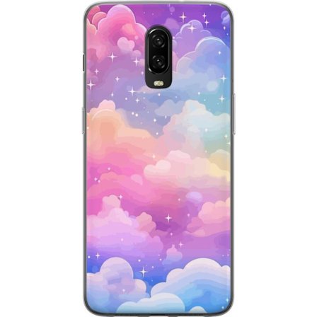 Kompatibelt Mobildeksel til OnePlus 6T Søt enhjørning med regnbuefarget hår mot en stjernebelagt pastellbakgrunn i kawaii-stil