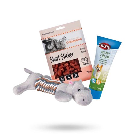 Trixie - Kit med Flossdjur, Premio Fågelpaté 110g & Beef Sticks 80g - Hundleksaker