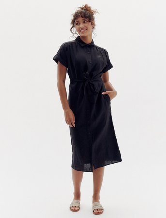Tommy Hilfiger Ess Linen S/S Midi Shirt Dress - Black - 36