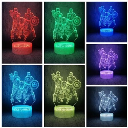 7 farve skiftende natlampe 3D atmosfære pære lys 3D visuel illusion LED lampe til børns legetøj fødselsdagsgaver - Spiderman, Iron Man, Captain 