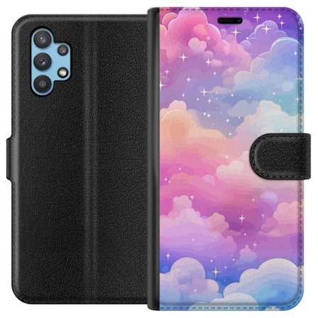 Kompatibelt Lommeboketui til Samsung Galaxy A32 5G Søt enhjørning med regnbuefarget hår mot en stjernebelagt pastellbakgrunn i kawaii-stil