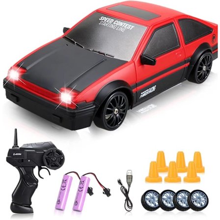 RC Driftbil, 1:24 Fjernkontroll Høyhastighets Race Drifting Biler, 2.4GHz 4WD Elektrisk Sport Racing Hobby Leketøybil med To Batterier Frontlykt