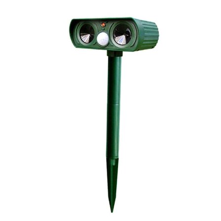 Solcelledrevet ultralyd dyreavskrekker for hager, hunder og katter. Med PIR-sensor.