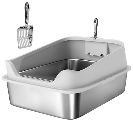 Kattebakke i rustfrit stål med skovl, høje sider, XXL