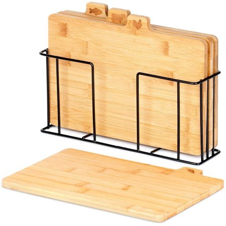 Skjærebrettsett med stativ i bambus – 5 deler