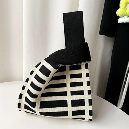 1PC Wide Striped Handmade Knitted Handbag Minimalist Korean Women Mini Knot Wrist Bag Tote Bag Student Reusable Shopping Bags