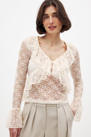 NA-KD - Topp med lange ermer, blonder og volanger - Fest-topper - Beige - M