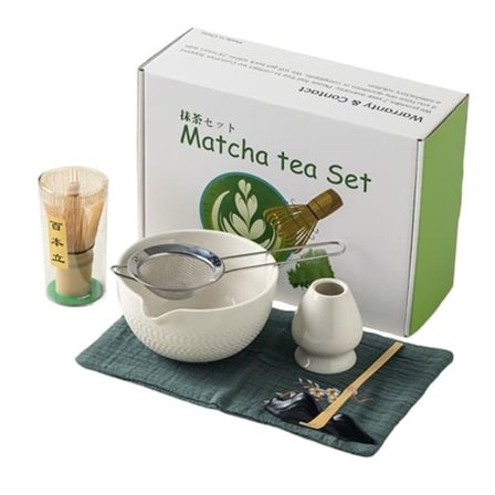 Matcha keramisk tesett – 7 deler, inkludert tebolle, visp og kjøkkenhåndkle, egnet for japansk te-seremoni.