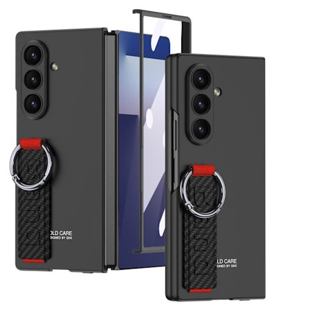 Kotelo Samsung Z Fold 7:lle, rannekenauhalla varustettu taitettava suojus näytönsuojalla (hiilikuitukuvio)