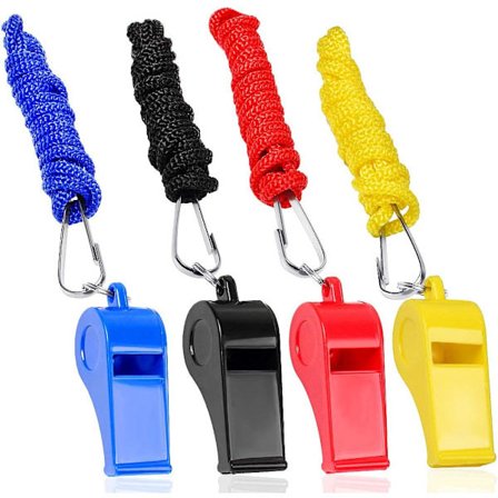 4 muovipillin pakkaus narulla valmentajille, erotuomareille, urheiluotteluihin, selviytymiseen, hätätilanteisiin, 4 väriä: musta, sininen, keltainen, 