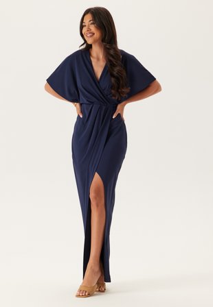 Bubbleroom Occasion - Wrap Slit Maxi Dress - Dark blue - Kläder Omlottklänning