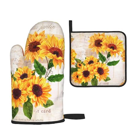 Vintage Grunge Yellow Sunflower Floral Oven Mitts and Pot Holders Sets Heat Resistant Non-Slip Cooking Gloves for Kitchen Baking
