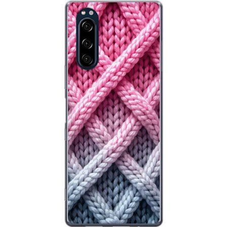 Yhteensopiva Puhelinkuori Sony Xperia 5 Lähikuva kudotusta tekstiilikuviosta vaaleanpunaisissa, harmaissa ja valkoisissa sävyissä, joissa on tuntoa