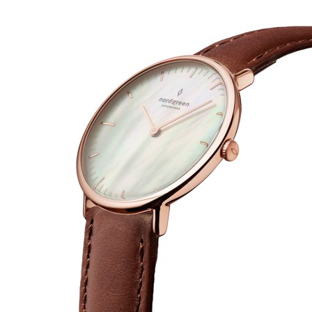 Nordgreen Danish minimalist slim women's watch - Rose Gold Case - Silver Dial - 28mm Brown Leather Watch Band Native White Dial