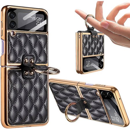 Rhomboid Läderfodral för Samsung Galaxy Z Flip 3 med Ring, Galvaniserad Ramskyddande Skal