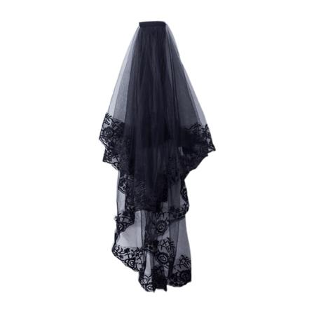 2-lags kvinner Halloween Cosplay kostyme Svart Mantilla bryllup slør broderi Fl
