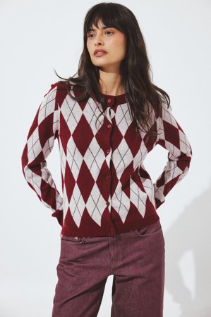 NA-KD Finstickad cardigan - Finstickade tröjor - Rosa,CheckeRöd - XS (EU 32)