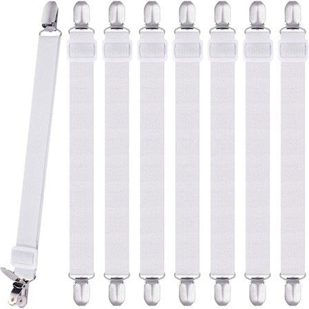 8 st Lakan Clips, Justerbara Lakanhållare, Högelastiska Dra-på-lakan Band med Clips, Lakanfästen Max Stretch 120cm, Lakanhållare Vit