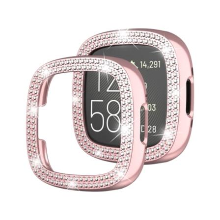 För Fitbit Versa 4 Dubbel rad Diamant Solid Color Galvanisering Case Watch Pink