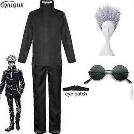 2023-anime Jujutsu Kaisen Gojo Satoru Cosplay Kostume Toppe Bukser Øjenlap Halloween Fest Mænd Uniform Parykker-1-1(M Sort Pakke 6)