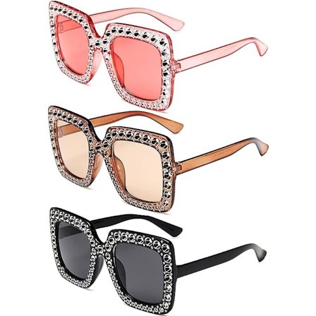 3 stk. oversized solbriller med rhinestones, firkantede nøytrale diamantbriller, tykke innfatninger med glitrende krystallsolbriller, glitrende 