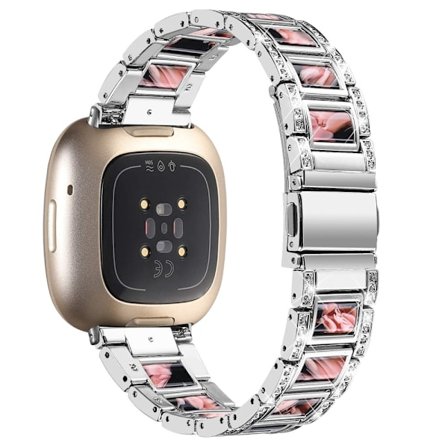 Fitbit Sense / Versa 3 klockarmband med strassdekor i hartsblock - Silver / Svart Rosa Mix