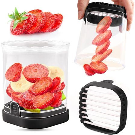 Jordbærskærer, aftagelig frugtskærer med trykplade – Hurtig og nem skæring af bær, kiwi og bløde frugter, perfekt til salat