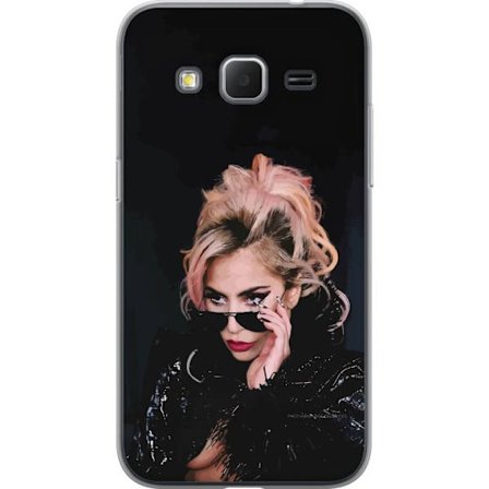 Yhteensopiva Puhelinkuori Samsung Galaxy Core Prime Lady Gagan muotokuva aurinkolaseilla ja dramaattisella meikillä tummassa glamuurityylissä