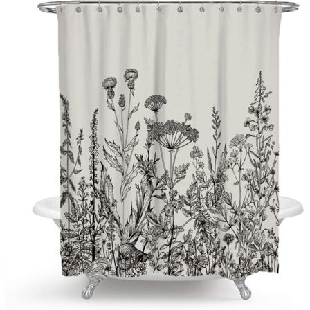 Svartvit blommig duschdraperi, med 12 plastkrokar 200*230cm