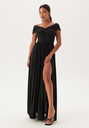 Goddiva - Bardot Rouched Maxi Split Dress - Black