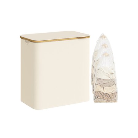 Stor vasketøjskurv med 3 sektioner, 150 liter, aftageligt netfor, cremefarvet