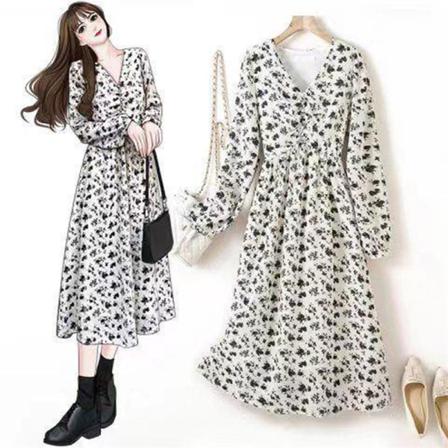 Print Klänning Kvinnor Blommönster Basic Slim V-ringad Elegant