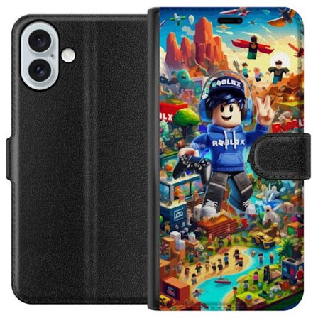 Yhteensopiva Lompakkokotelo Apple Apple iPhone 16 Plus Suuri yksityiskohtainen Roblox-maailma täynnä hahmoja, seikkailuja ja värikkäitä ympärist