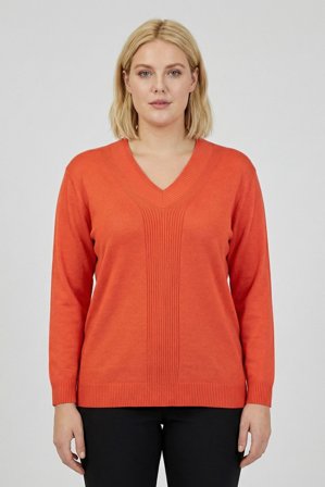 CISO - Langærmet Strik - Orange - V-Hals Med Ribdetaljer