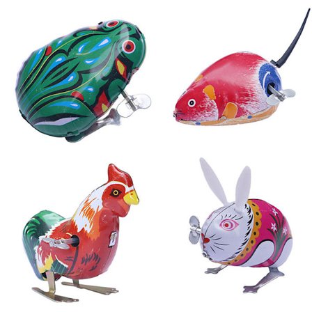 4 stk. morsomme mekaniske fjærmekaniske hoppende frosk, kanin, mus, hane leker, mekaniske vintage metallleker, barnas festfavoritter.