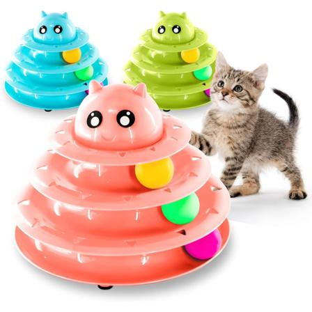 Katte rulleball leketøy interaktiv - Rosa | 3-trinns tårn morsomt katteball leketøy med 3 fargede baller | Katte erte leketøy