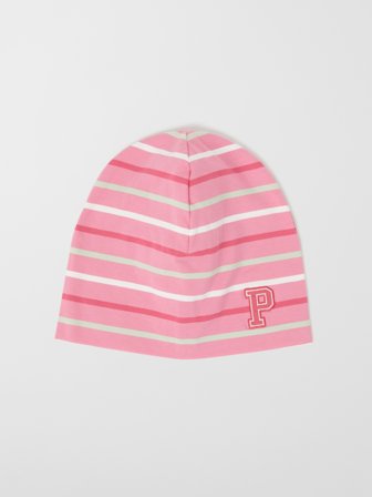 Polarn O. Pyret - Striped jersey beanie with "P" appliqué - 48|50 - Childrenswear - pink