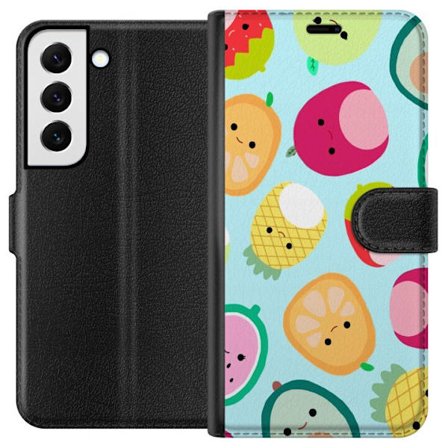 Kompatibelt Lommeboketui til Samsung Galaxy S22+ 5G Mønster av kawaii-frukter som jordbær sitron ananas og avocado på lyseblå bakgrunn