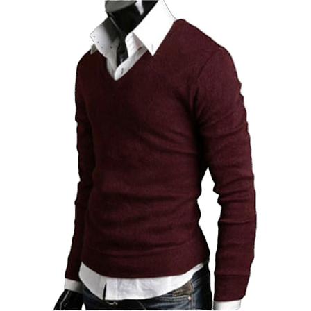 Enkel V-hals strikket sweater - Herre langærmet pullover L Vinfarvet