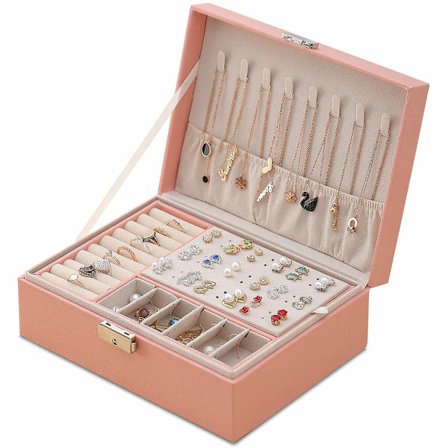 Smykkeboks, Kvinners Dobbelt Lag PU Lær Oppbevaringsboks for Ringer, Øredobber, Armbånd, Halskjeder, Smykkearrangør Gaveeske (Morsdagsgave)