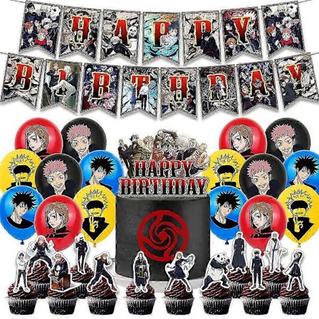Jujutsu Kaisen Barnkalas Dekorationstillbehör Inkluderar Anime Grattis på födelsedagen Banner Tårtdekoration Ballonger Set