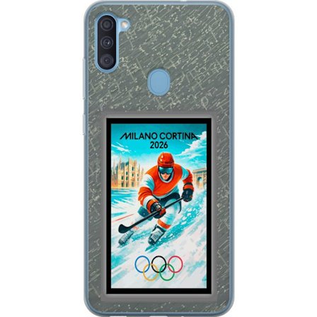 Kompatibelt Mobildeksel til Samsung Galaxy A11 Curlingillustrasjon med spillere og stein på is, Milano Cortina 2026, snøsprut og olympiske ringer