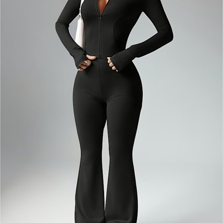 Casual åben jakke med slå-om-effekt og flare bukser til kvinder, sæt med lynlås, slim fit og høj talje