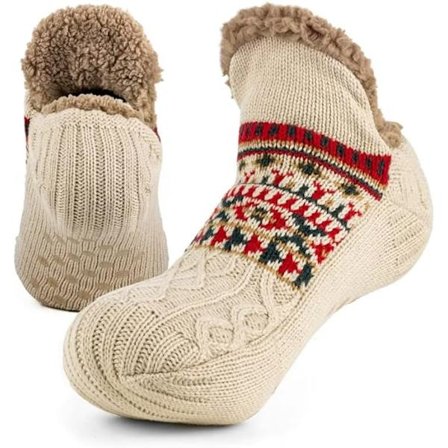 Tofflor med strumpor för män & kvinnor, fluffiga tofflor med strumpor med grepp, halkfri fleecefodrad, värmehållande, julklapp, storlek L 43-45