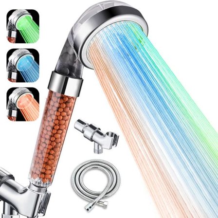 LED-duschhuvud, handdusch, högtrycksvattenbesparande duschmunstycke med filterpärlor, för badrum, ta bort klor och skad,A