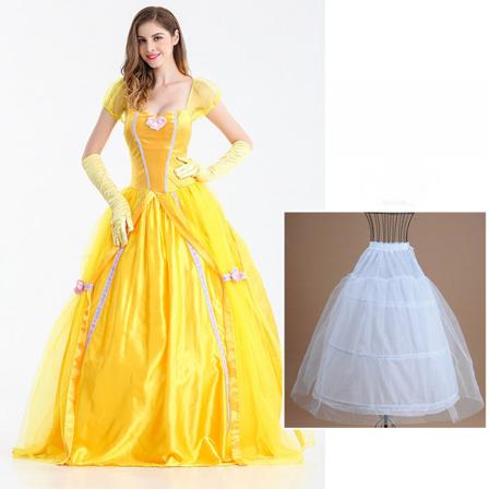 Belle kjole voksen prinsesse kostyme fest karneval cosplay forestilling Halloween gul kostyme med hansker med stor krinolineskjørt, XXL
