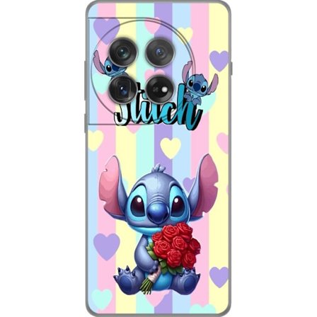 Kompatibelt Mobildeksel til OnePlus 12 Romantisk illustrasjon av Stitch som holder røde roser mot stripet bakgrunn