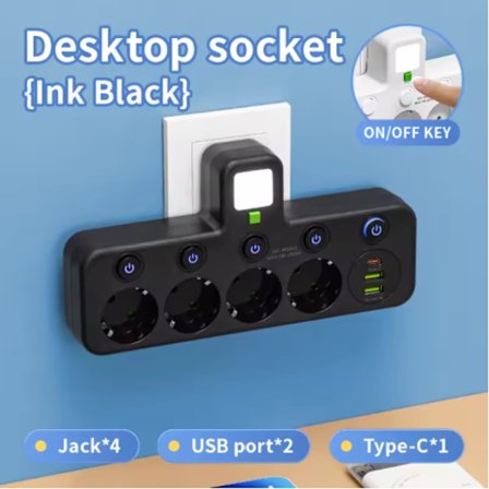 Vägguttag, Multi-uttag, Strömuttag, Ingen Förlängningssladd, 2 USB Typ 1 C Portar, Max Effekt 2500W, 4 Uttag
