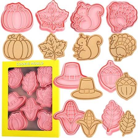Cookie Cutters for Thanksgiving, 8-delt plastkutter- og stempelsett med gresskar- og kalkundesign for høstbaking og høytidsfester